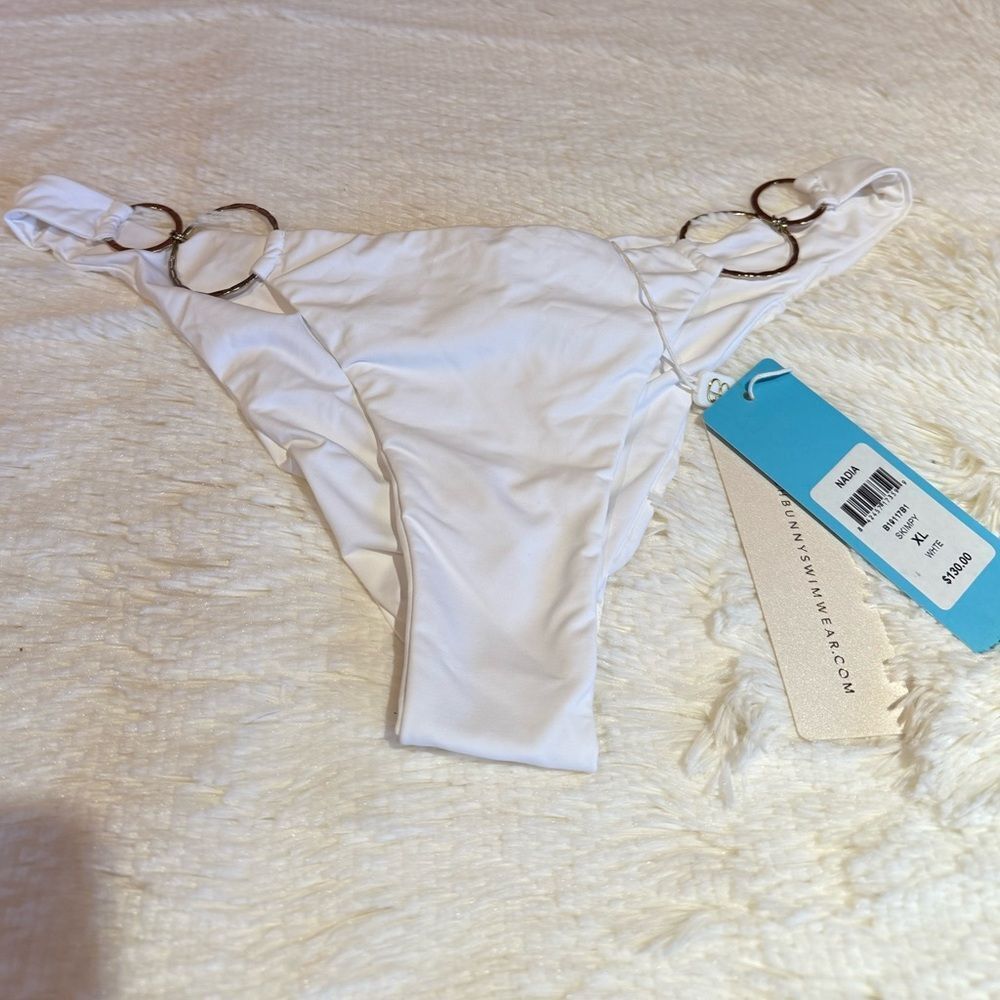 Beach Bunny Nadia White Bikini Bottom with Gold Ring Accents